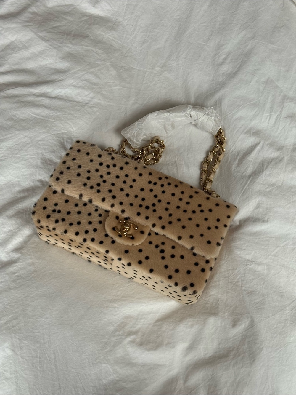 "Cheetah Print’ Medium Flap Bag Light Beige Calf Hair and Black Lambskin